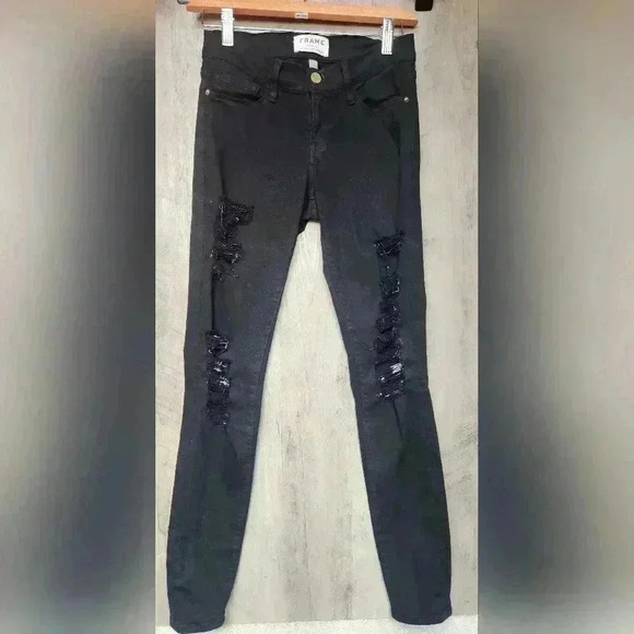 Frame Denim Le Skinny De Jeanne Jeans in Film Noir Black Distressed Size 24 - Picture 2 of 9